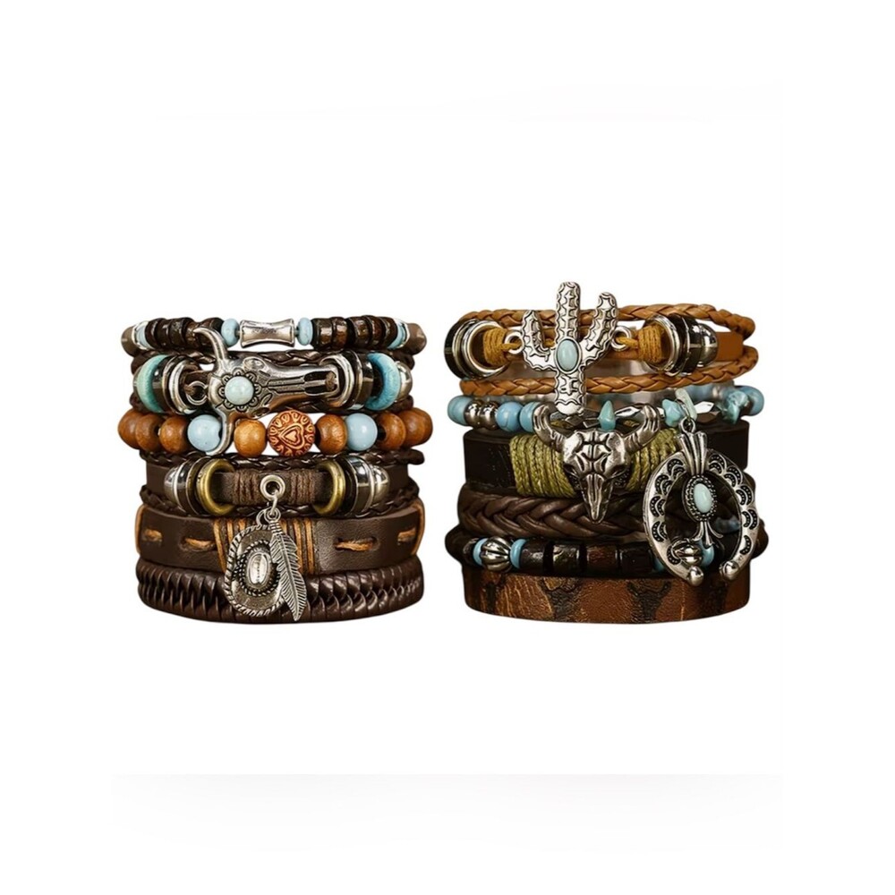 Western Layered Leather & Turquoise Bead Bracelet Stack